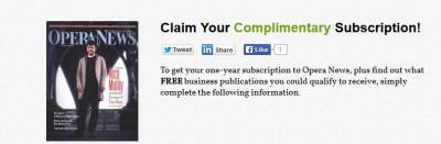 Complimentary Subscription One Year Subscription to Opera News