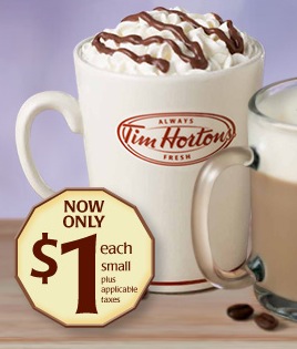 Coupon - $1 French Vanilla, Latte and Cafe Mocha deals at Tim Hortons