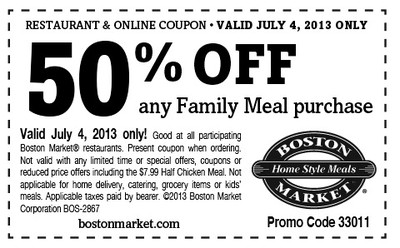 Coupon - 50% off any Family Meal Purchase at Boston Market