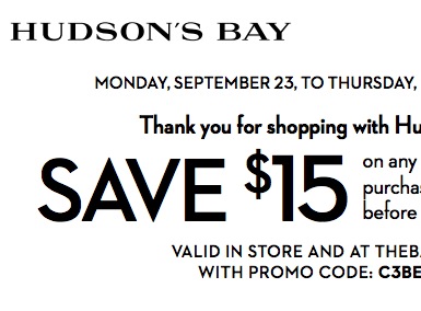 Coupon - Save $15 at The Bay