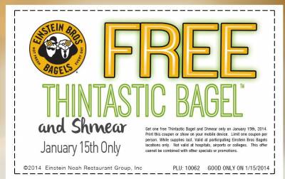 Free Thintastic Bagel and Shmear at Einstein Bros-January 15th Only