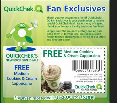 QuickChek- Coupon for FREE Medium Cookies and Cream Cappuccino
