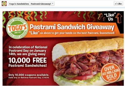 Togo's Sandwiches Pastrami Sandwich Give-Away