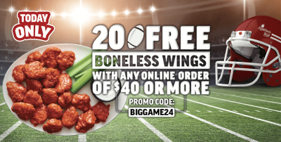 APPLEBEE'S - GET 20 FREE BONELESS WINGS WITH $40 ONLINE ORDER