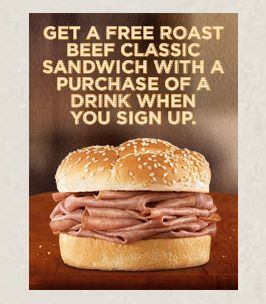 Arby's: Free Roast Beef Classic Sandwich with Purchase of a Drink