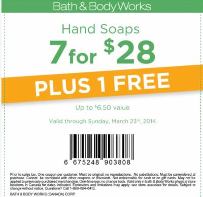 Bath and Body Works Canada: Printable/Mobile Coupon 7 Handsoaps for $28 