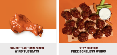 Buffalo Wild Wings Promos - Free Wings on Thursdays and 50% discount on Tuesdays