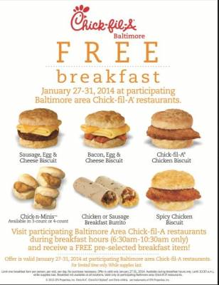 Chick-fil-A Baltimore: Free Breakfast 6:30am-10:30am
