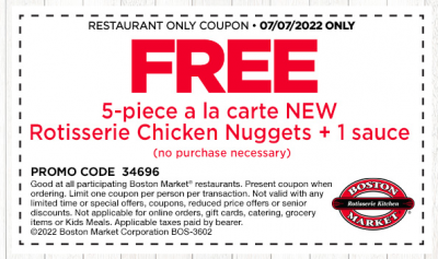 Coupon - FREE NUGGETS SPECIAL OFFER at Boston Market