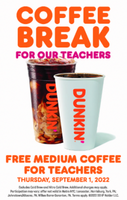 Free Coffee for Teachers at Dunkin Donuts (Sept 1st Only)