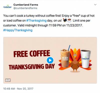 Free cup of hot or iced coffee on #Thanksgiving day at Cumberland Farms