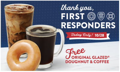 free doughnut and coffee at Krispy Kreme for First Responders on Oct 28