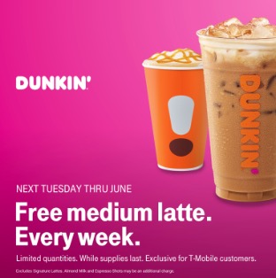Free Medium Latte at Dunkin Donuts