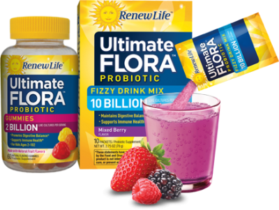 Request Free Ultimate Flora Probiotic Gummies and Fizzy Drink Mix