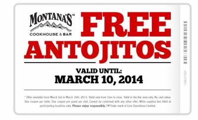 Montana's Cookhouse & Bar: Free Antojitos Printable Coupon