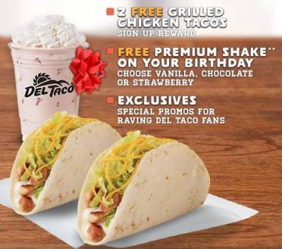 Sign Up For Del Taco's EClub, Receive 2 Free Grilled Chicken Tacos