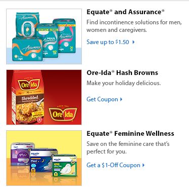 Walmart Printable Coupons: Equate & Assurance, Ore-Ida Hash Browns, Equate Femin