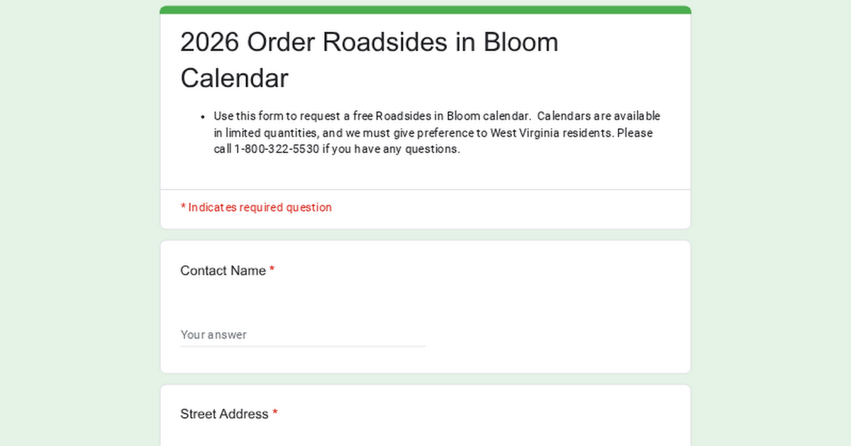free Roadsides in Bloom calendar